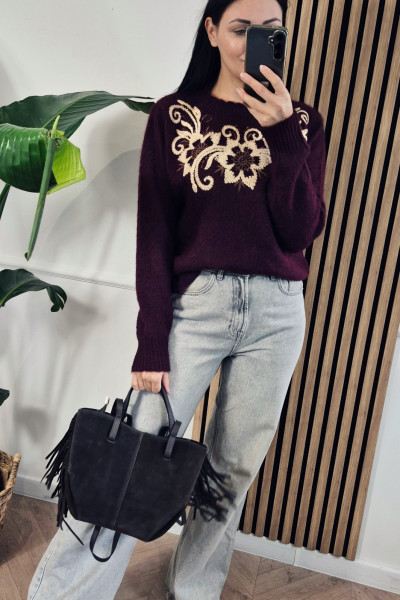 Sweter etno burgund