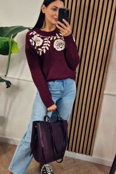 Sweter bordo z kwiatuszkami haft 6