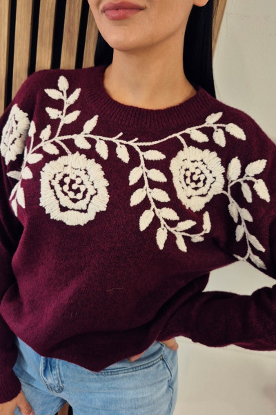 Sweter bordo z kwiatuszkami haft 7